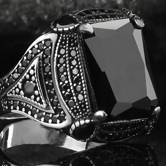 BLACK ONYX STAINLESS STEEL SILVER MENS ORNATE NEW SIZE 11 FOREVER CLASSIC RING - Picture 2 of 3